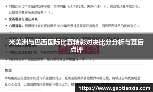 米美洲与巴西国际比赛精彩对决比分分析与赛后点评